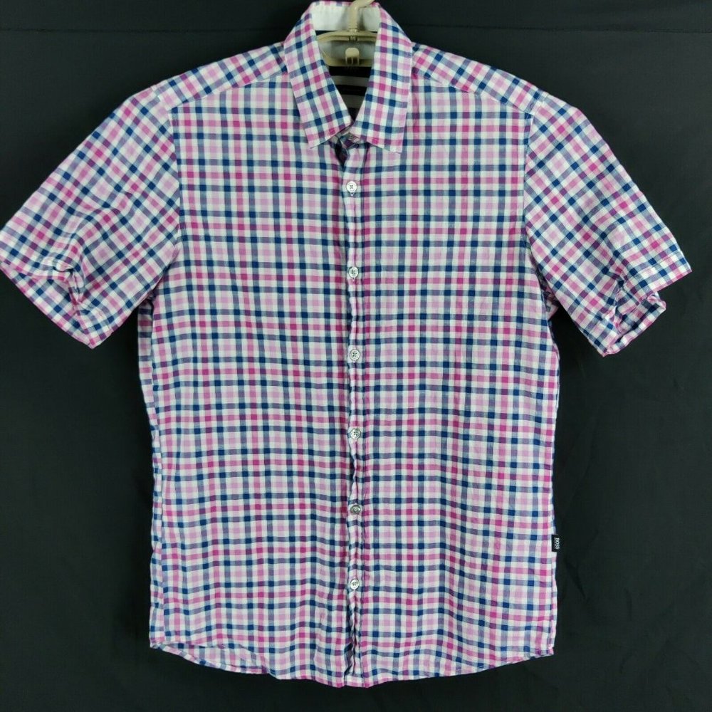 Hugo Boss Pink Plaid Short Sleeve Button Front Shirt Mens Small - Picture 1 of 5
